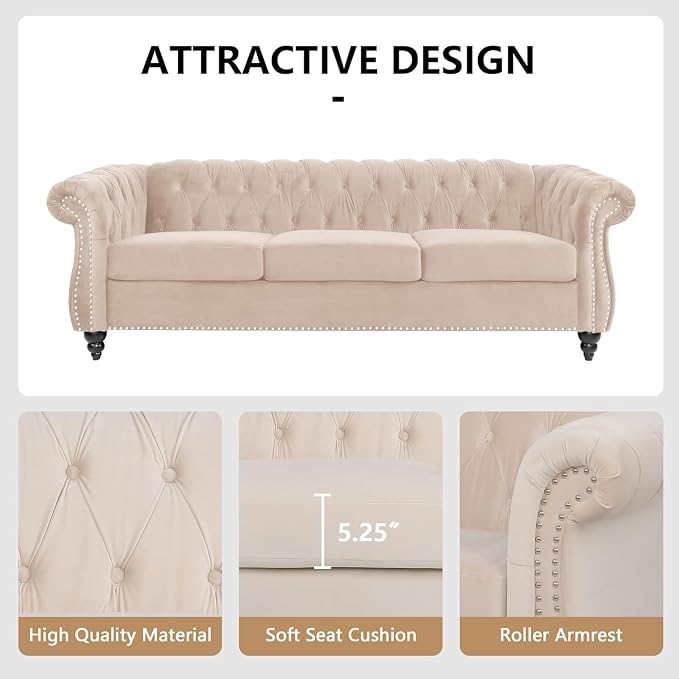 Mid-Century 3 Seater Sofa, Velvet Couch - Image 5