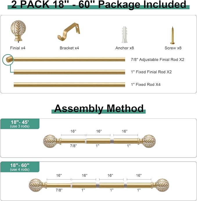 QDWIS 2 Pack Gold Curtain Rods for Windows 28 to 48 inch, Rustic Decorative - Image 7
