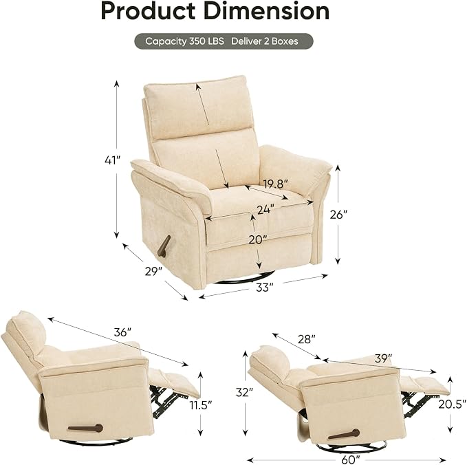 Rocking Chair Nursery with Adjustable Headrest, Manual Swivel Rocker Recliner - Image 3