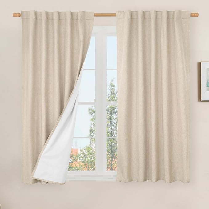 100% Blackout Short Linen Curtains 48 Inches Long, 2 Panels, Linen | Thermal by LAMIT