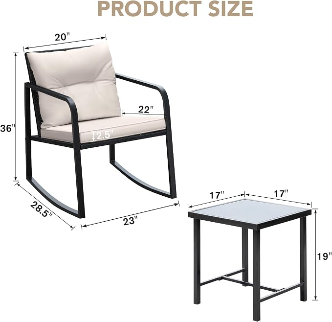 Devoko 3 Piece Rocking Bistro Set Wicker Patio Outdoor Furniture Porch Chairs - Image 6