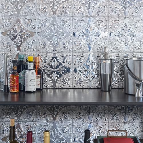 Peel and Stick Metal Backsplash Tiles, Silver Fleur, 10-Pack - Image 3