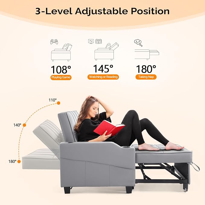 VINGLI Light Grey Futon Sofa Bed Convertible Loveseat Sleeper Couch, Faux - Image 7