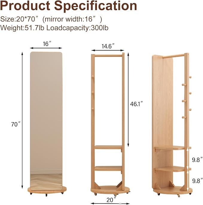 Muwuele Solid Wood Full Length Mirror Coat Rack, Floor Mirror - Image 6