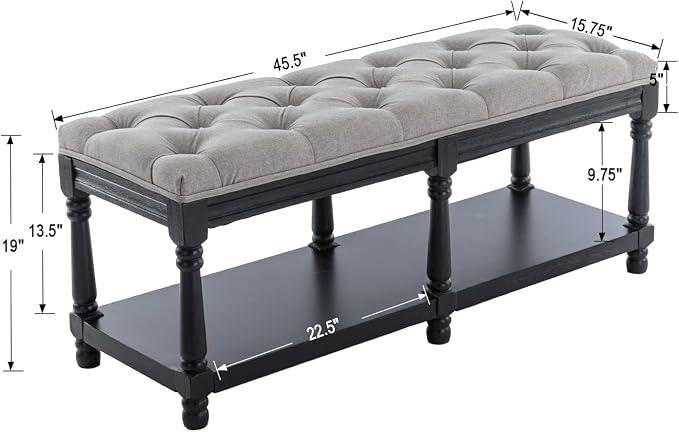 Farmhouse Storage Bench Wooden Entryway Linen Upholstered Ottoman Button Tufted - Image 2