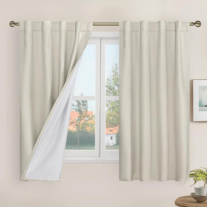 Short Linen Blackout Curtains 48 Inch Length 2 Panels, 34 x 48 Inch | Stone by LAMIT