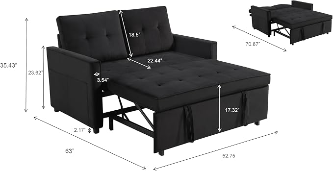 Sofa Bed, Pull Out Couch with Side Pockets, 3 in 1 Velvet Fabric Loveseat - Image 2
