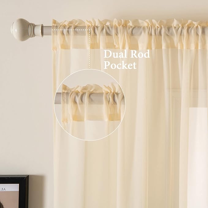 MIULEE Cream Beige Sheer Curtains 54 X 120 Inches, 2 Panels | Solid Color - Image 2