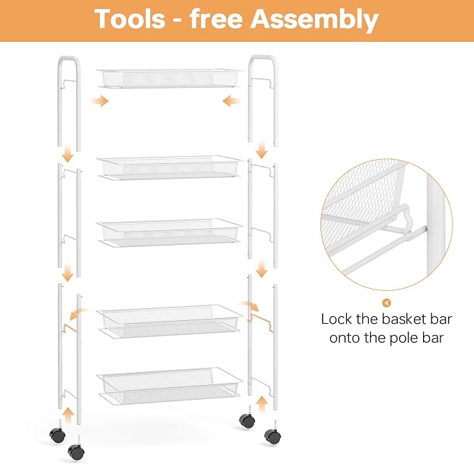 TOOLF 5-Tier Rolling Cart, Metal Utility Cart - Image 3