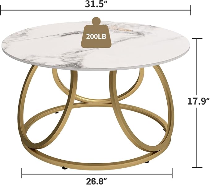 O&K FURNITURE Modern Gold Coffee Table, Faux Marble Pattern Center Table - Image 2