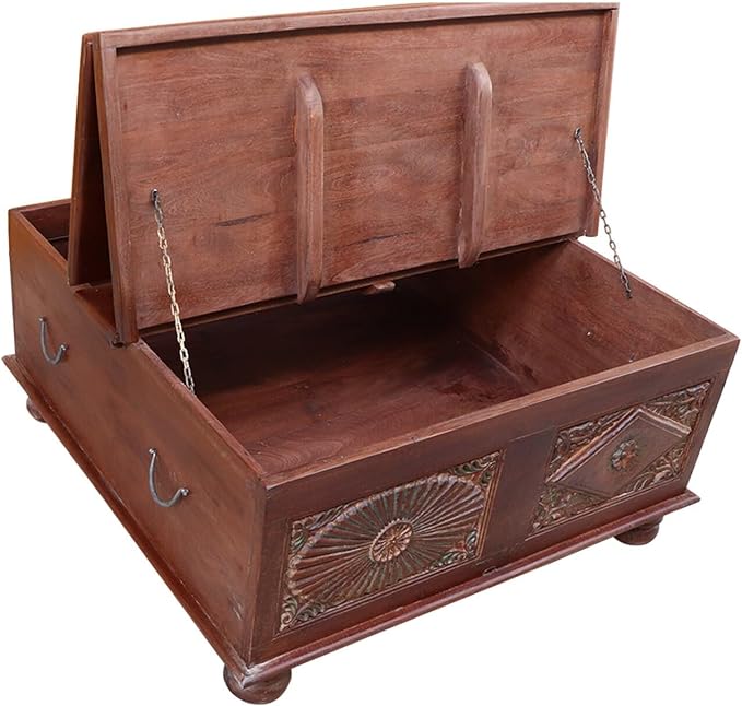 18 Inch Tall Vintage Trunk Storage Coffee Table | Rectangle Solid Wood Chest - Image 9