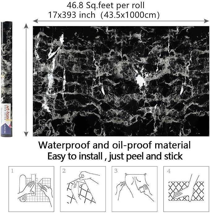 Arthome Black Marble Contact Paper, 15.7"x393" Self Adhesive Wallpaper - Image 7