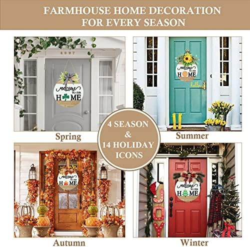 Interchangeable Welcome Sign for Front Door with 4 Seasonal Wreaths and 14 Changeable Icons, Farmhouse Front Porch Décor, Front Door Decoration, Seasonal Rustic Wooden Wall Sign home décor (7wood) - Image 2