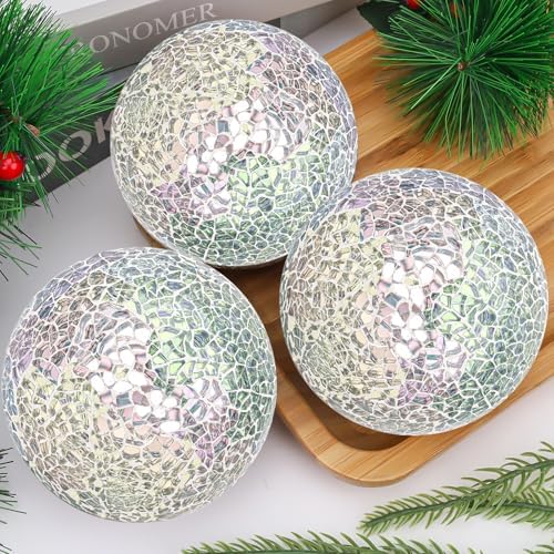 3 Pcs Decorative Balls for Bowls,3.15" Silver Mosaic Glass Ball - Image 6