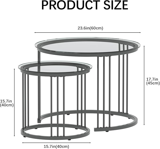 Garden 4 you Nesting Coffee Table, 23.6" Round Coffee Table Set of 2, Glass - Image 2