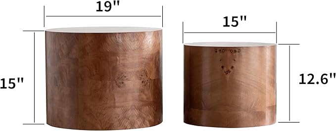 Round Nesting Coffee Table Set of 2, Modern Wooden Circle Burl Accent Tables - Image 2
