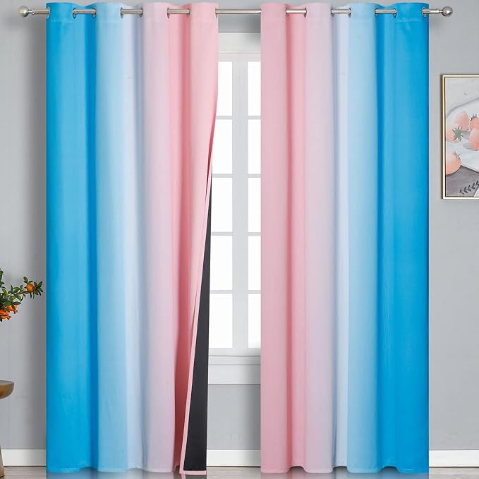 Pink and Blue Ombre Curtains for Bedroom 96 Inch Long | Room Darkening Curtains by ESTELARTEXTILER