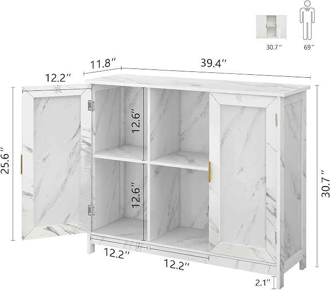 TaoHFE Marble Top Narrow Sideboard Cabinet, Modern White Marble Side Buffet - Image 3