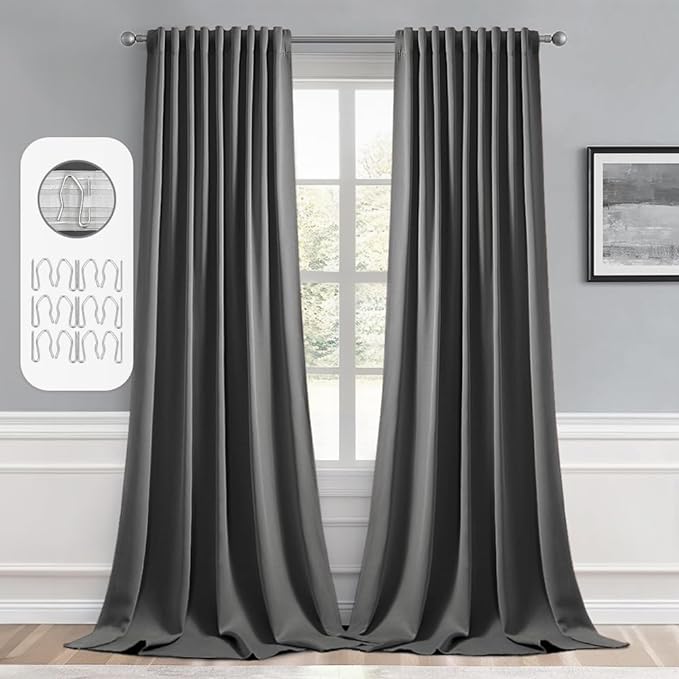 MIULEE Grey Back Tab Blackout Curtains 52x102 Inch Long 2 Panels Set | Rod by MIULEE