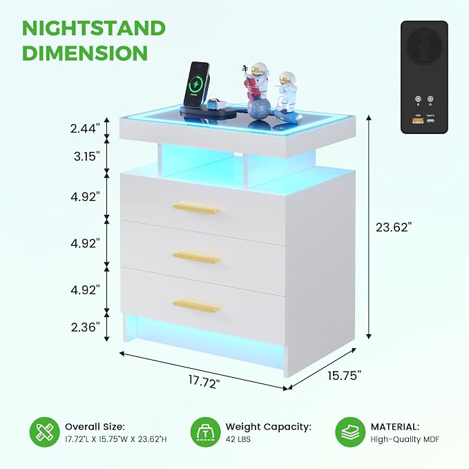 HNEBC LED Nightstand with Charging Station, Smart Bedside Table with Motion - Image 2