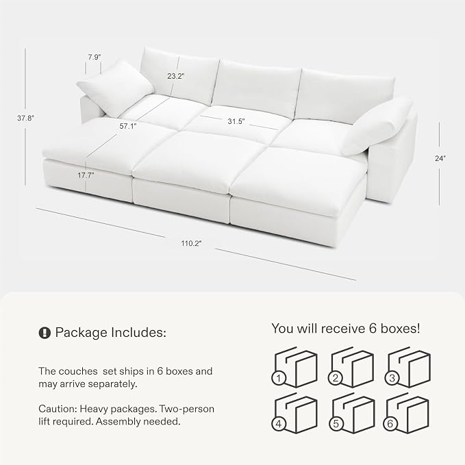 Cloud Couch Sectional 113.8'' Oversized Modular Deep Seat Sofa Bed Comfy White - Image 2