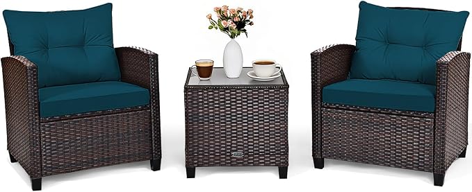 COSTWAY 3PCS Patio Furniture Set, PE Rattan Wicker Sofa w/Washable Cushion and by COSTWAY