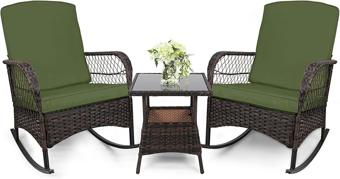 LEVELEVE 3 pcs Rocking Bistro Set Conversation Chairs PE Wicker Outdoor Rocking by Enjoyyourlife