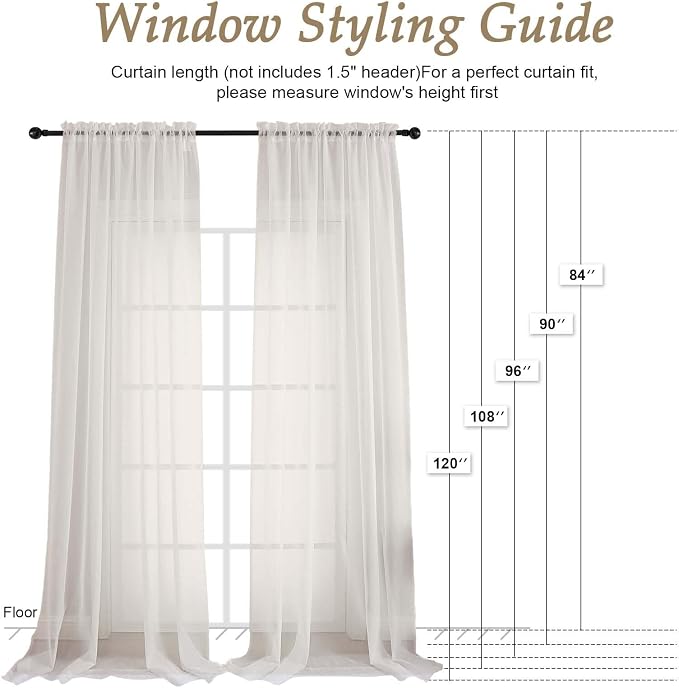 Ivory Sheer Curtains 108 Inches Long 2 Panels Set, Extra Wide Solid Lightweight - Image 2
