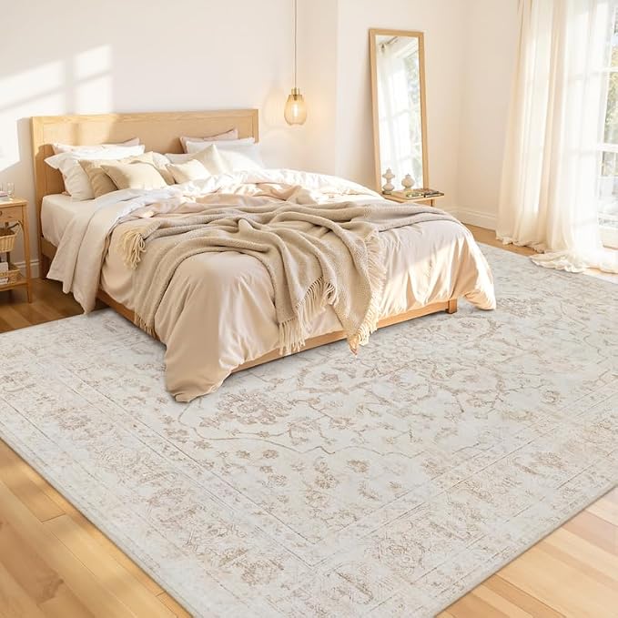 Area Rugs 9x12 Living Room: Bedroom Washable Carpet Warm Beige | Vintage Boho - Image 2