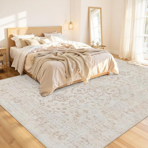 10x14 Area Rugs Living Room: Bedroom Washable Carpet Warm Beige | Vintage Boho - Image 2