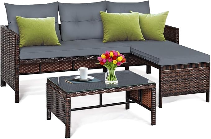 Tangkula Patio Corner Sofa Set 3 Piece, Outdoor Rattan Sofa Set, Includes by TANGKULA