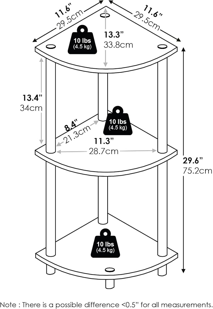 Furinno TURN-N-TUBE Corner Shelf, 3-Tier Corner Bookshelf, Display Storage - Image 2