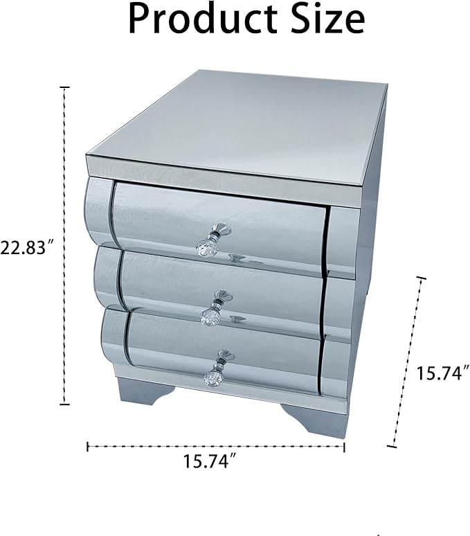 Curved Mirror Nightstand with 3 Drawer Glass Bedside Table - Image 2