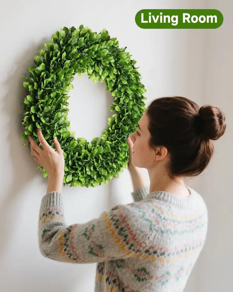 DDHS 23 Inch Large Boxwood Wreath for Front Door, Round Artificial Spring Summer Greenery Wreath with Hello Sign & Sash, Green Wreaths for Farmhouse Wedding Year Round Indoor Outdoor Home Decor - Image 5