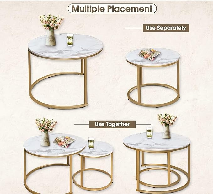 aboxoo Coffee Table Nesting White Set of 2 Side Set Golden Frame Circular Round - Image 7
