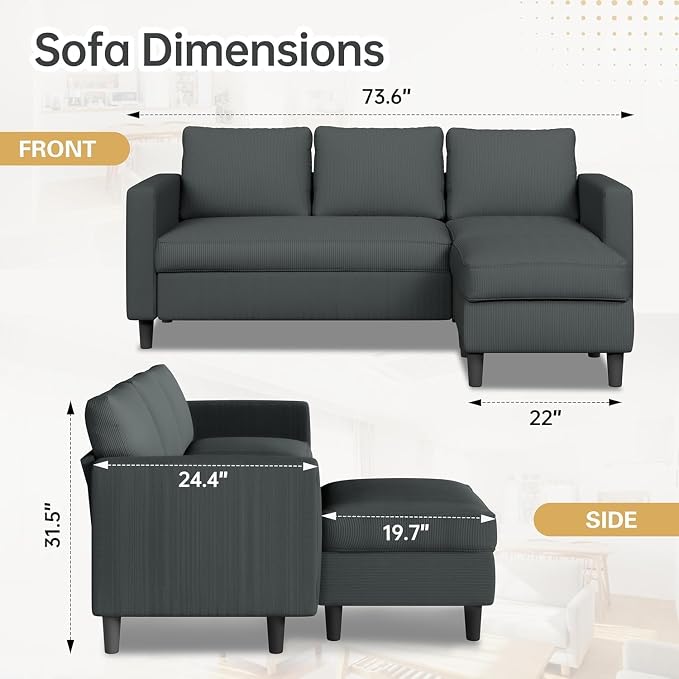 JAMFLY Couches for Living Room, 3-Seat Reversible Sectional Sofa - Image 2
