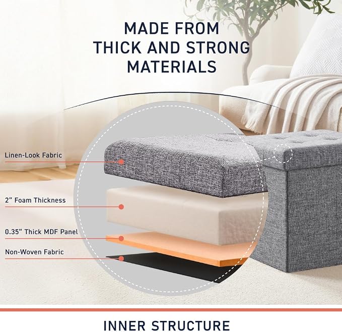 Ornavo Home 2 Pack 15 Inch Folding Storage Ottoman, Square Cube Linen Small - Image 4