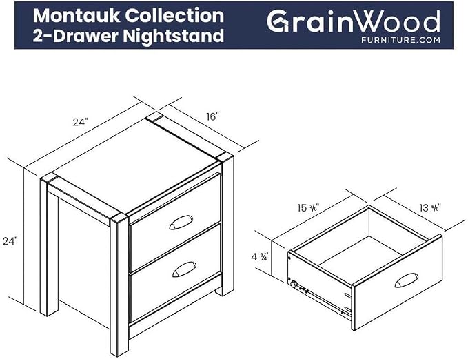 Grain Wood Furniture Montauk 2-Drawer Bedside Nightstand, Solid Wood - Image 3