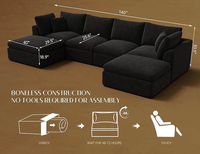 ohllob 140" U Shaped Couch, Cloud Sectional Couches - Image 2