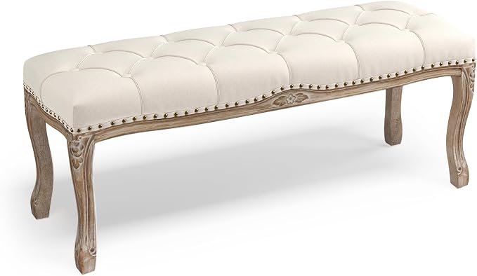 Cozyman Bedroom Bench, French Vintage Tufted Entryway Bench, 45.2" Carving by COZYMAN