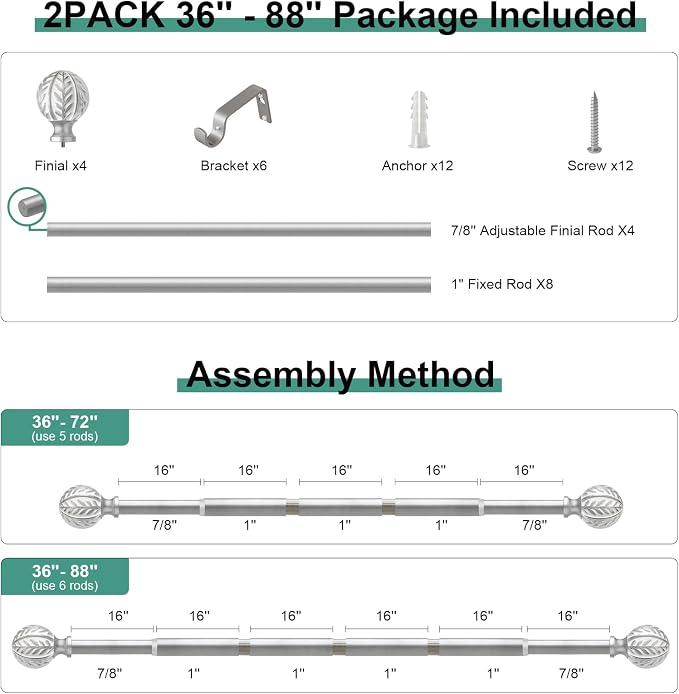 QDWIS 2 Pack Silver Curtain Rods - Image 8