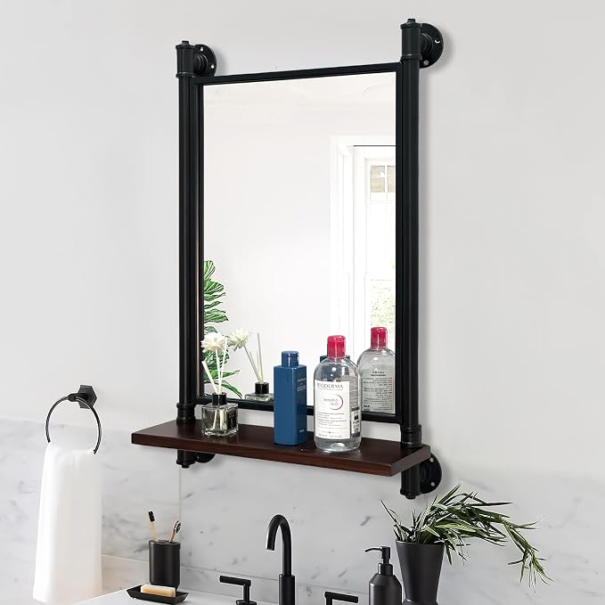 Industrial Pipe Mirror Wood Shelves, Bedroom Mirror - Image 3