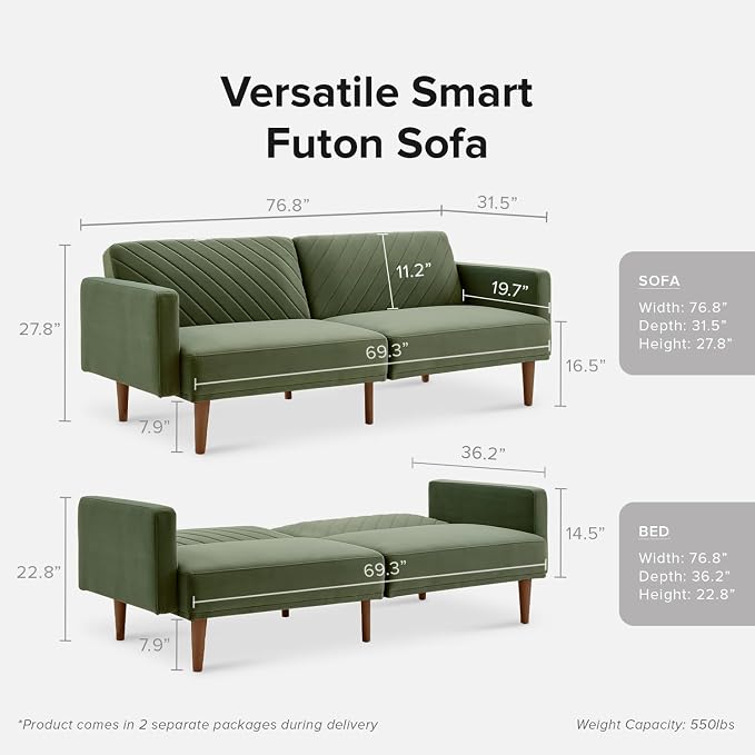 mopio 76.4" Futon Sofa Bed, Sleeper Sofa, Mid Century Modern Futon Couch - Image 2