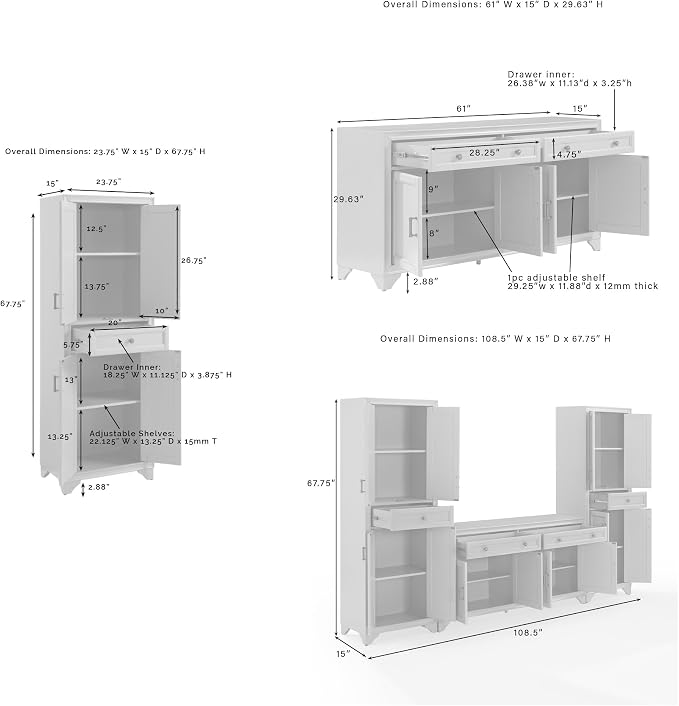 Crosley Furniture Tara 3-Piece Modern Farmhouse Sideboard Buffet Cabinet and - Image 3