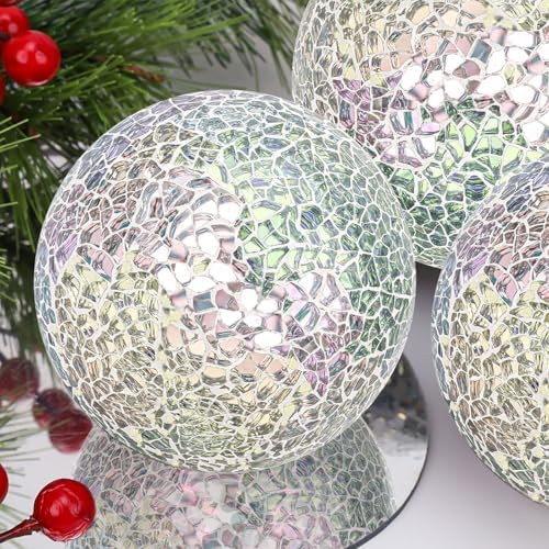 3 Pcs Decorative Balls for Bowls,3.15" Silver Mosaic Glass Ball - Image 5
