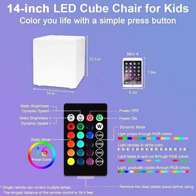 LED Cube Chair for Kids, 14-Inch RGB Color Changing LED Cube Seat w/ Remote - Image 9
