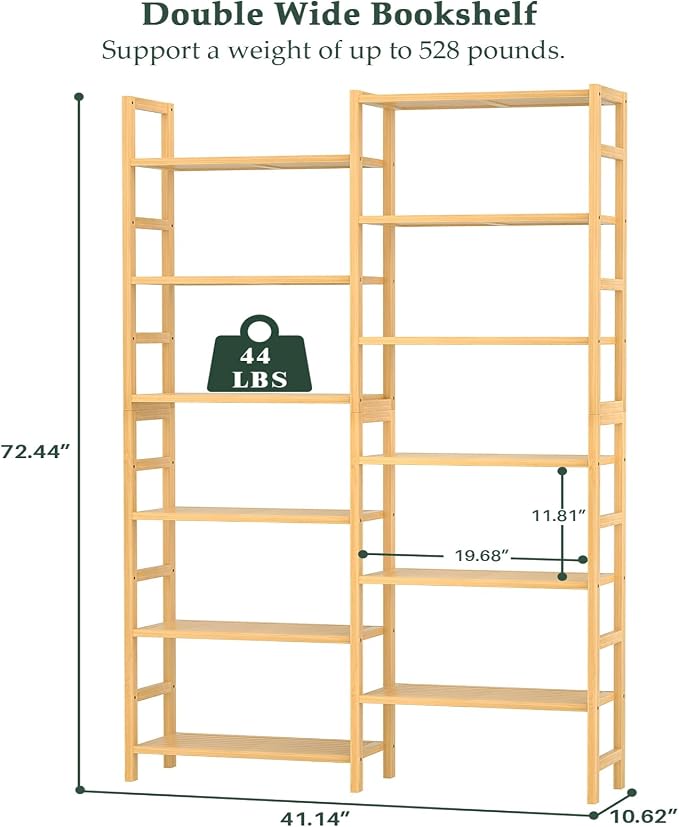 Homykic Double Wide Bamboo Bookshelf, 6-Tier Large Open Bookcase - Image 3