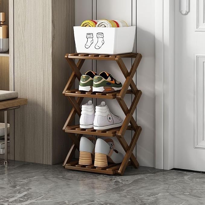 Foldable Shoe Rack, Bamboo Vertical Shoe Organizer Tall by XZXWZX