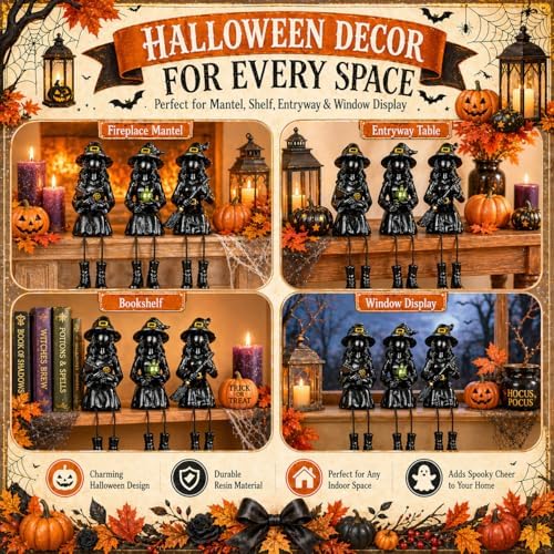 Dlfghos Halloween Decor Witch Figurines Set of 3, Halloween Indoor Decorations Witch Decor Resin Witch Statue for Table Desk Bookshelf Mantel Tiered Tray Spooky Halloween Decor Witch Gifts - Image 2