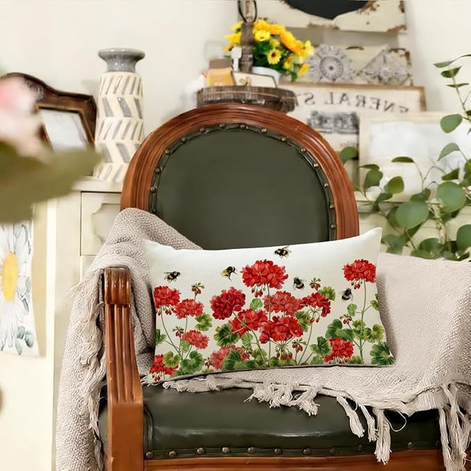 RABUSOFA Spring Summer Outdoor Geranium Pillow Cover Waterproof 12x20 - Image 9